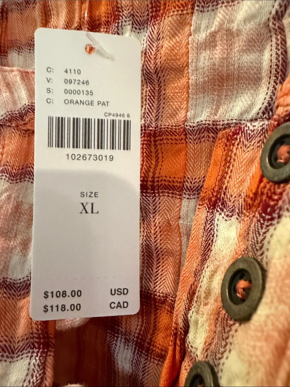 Pilcro Orange and Cream Plaid Sleeveless Button Henley Tank - Picture 2 of 4